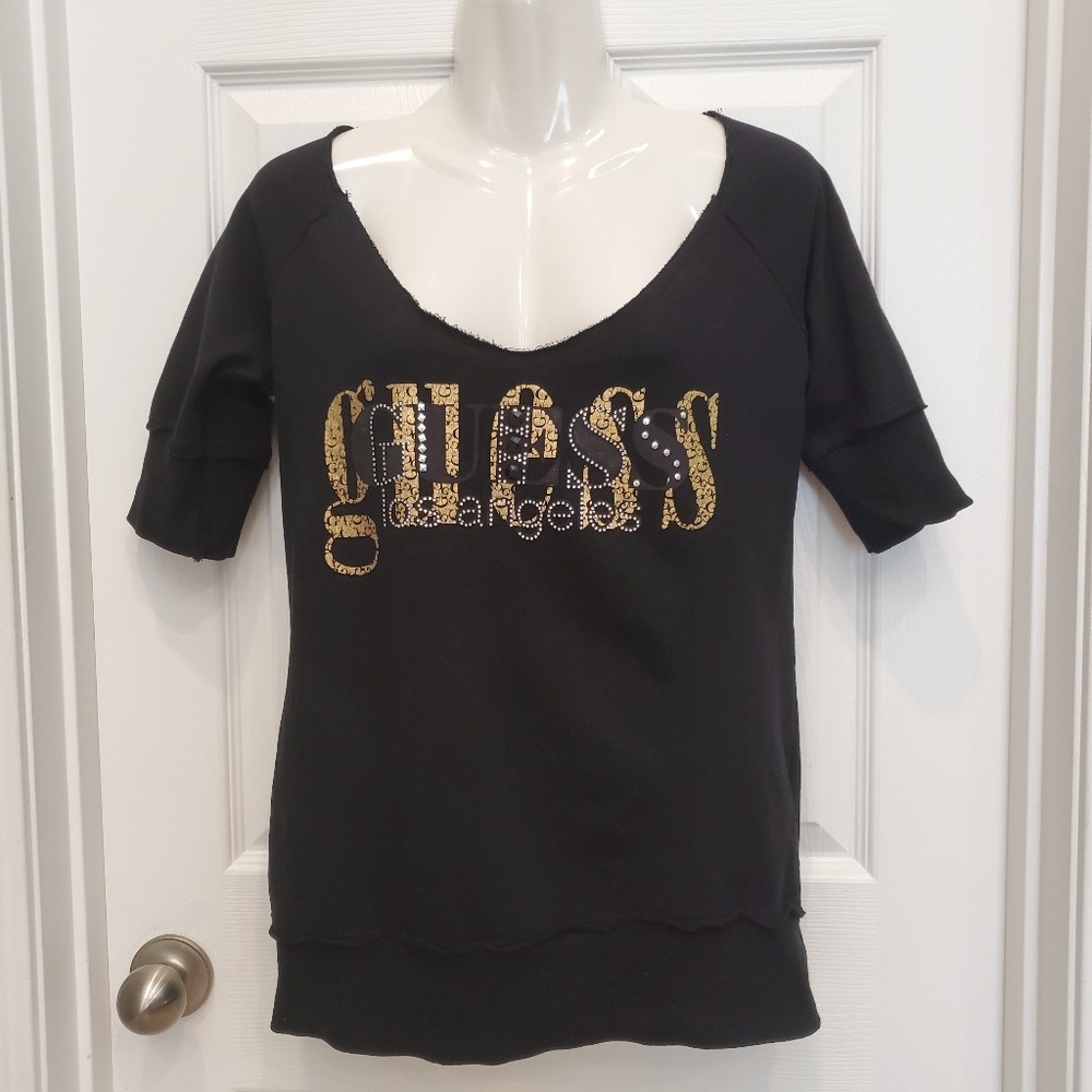 Guess Y2K Black Sweatshirt Short Sleeve Embellished Raw Edge